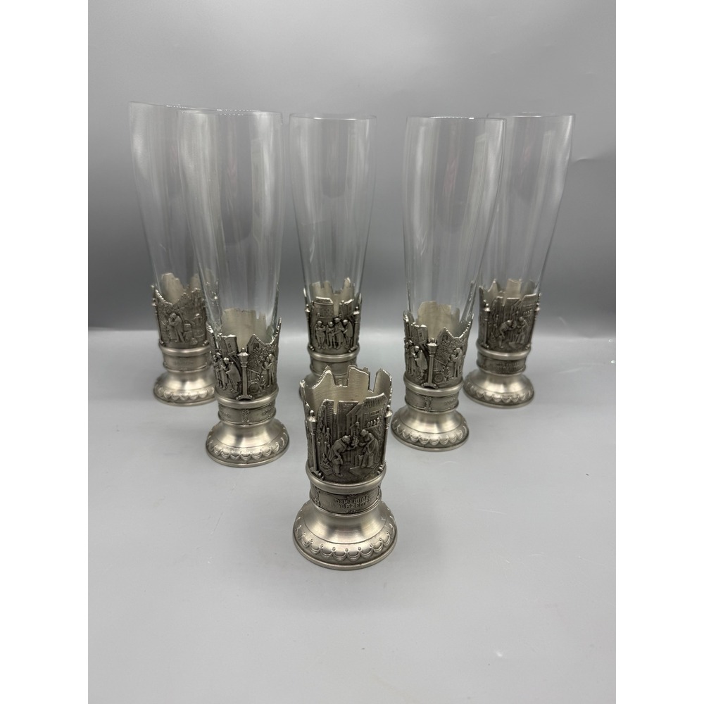 Vtg German Pewter 95% Zinn Beer Pilsner Glass Set‎ of 5 6
Relief Scenes Silver